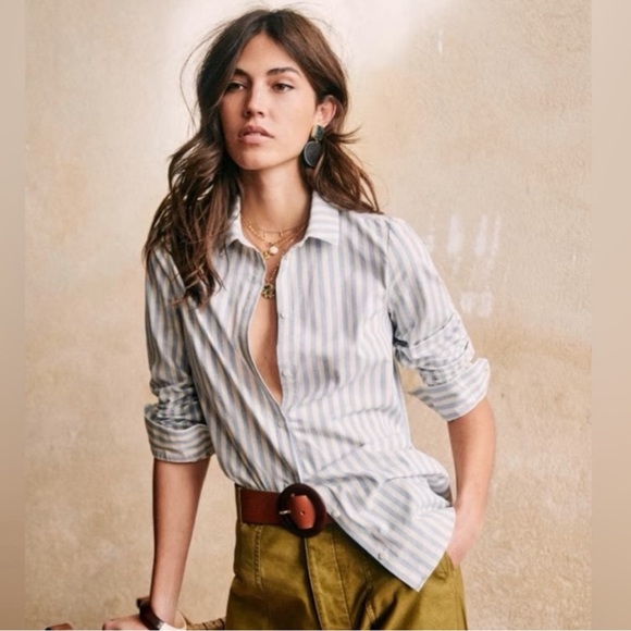 Sézane Tomboy Blue and Ecru Striped Cotton - Picture 1 of 14